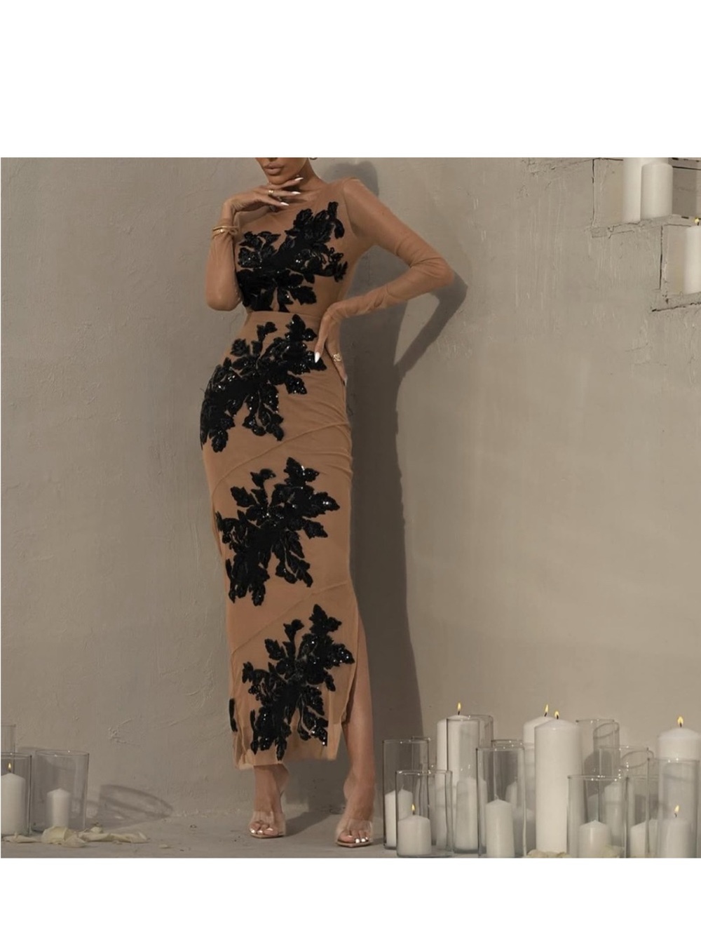 JLUXLABEL 2 piece SET- bodysuit & skirt beige black embellished sequin flower